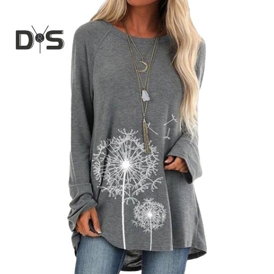 Women's Plus Size Tunic Top Dandelion Print Longline Shirt Crew Neck Long Sleeve Pullover Tee Casual Loose Fit Blouse for Work Daily Life