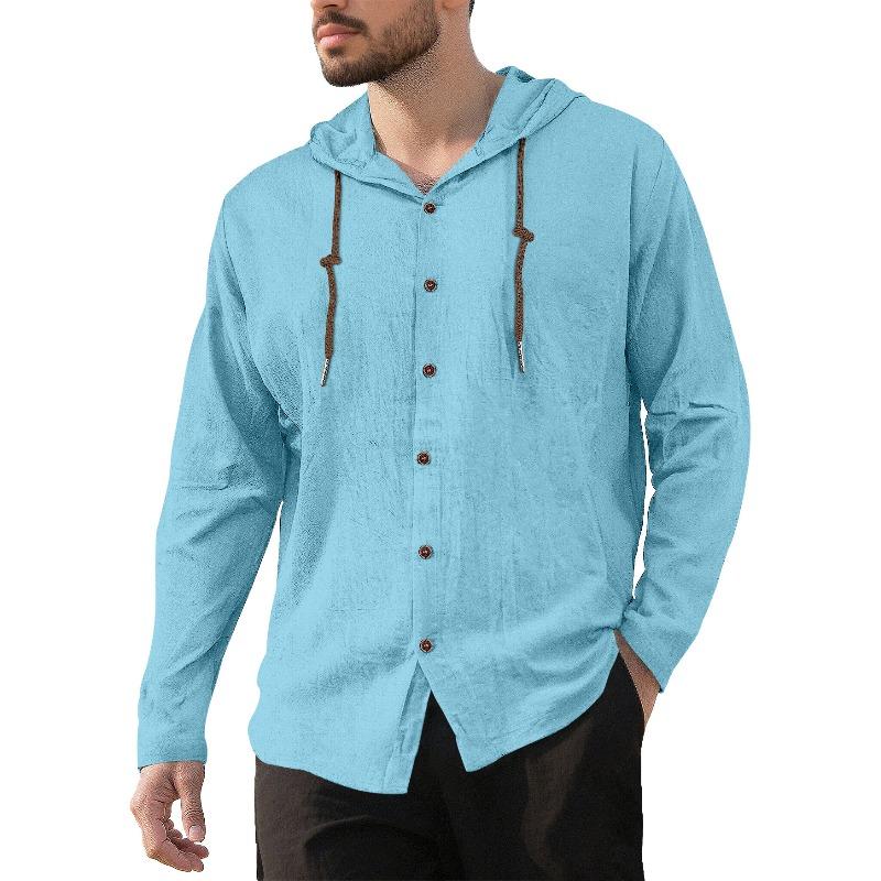 Men's 100% Cotton Hooded Drawstring Shirt, Solid Color Loose Fit Long Sleeve Casual Beach Overshirt for Men