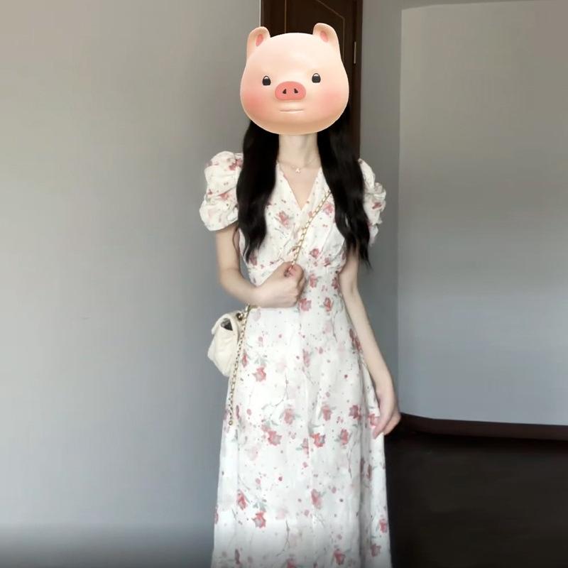 Coffee Break French Bubble Sleeve Floral Dress Women's Small Gentle Sweet Skinny Temperament Waist White Long Dress