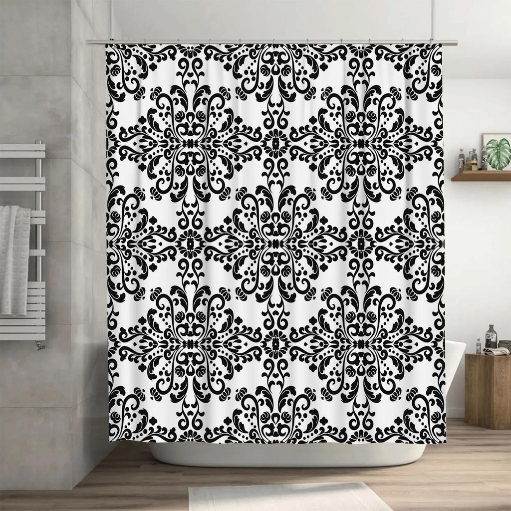 Vintage Damask Shower Curtain Black White Floral Design for Home Decor