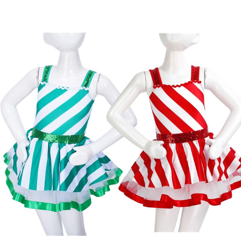 

Дитячі різдвяні костюми Блискучі блискітки без рукавів Смугастий танцювальний одяг Діти Дівчатка Пачка Балет Фігурне катання Плаття червоний