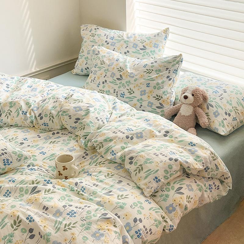 Class A Mother and Baby Grade Naked Sleeping Four-piece Set Fresh Washed Cotton Sheets Quilt Cover Bed Sheet Type Pure Cotton Three-piece Set