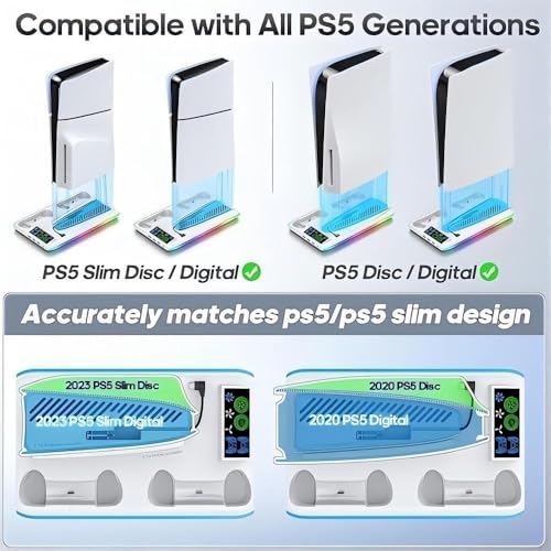 [Compatible with PS5/Slim/Pro] PS5 3 USB + 1 Type-C Charging Stand with Vertical Cooling Fan, Dual Controller Charging Station with LED Lights and Con