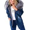 Women's Long-sleeved Warm Mid-length Distressed Large Fur Collar Hooded Denim Jacket