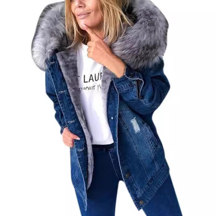 Women's Long-sleeved Warm Mid-length Distressed Large Fur Collar Hooded Denim Jacket