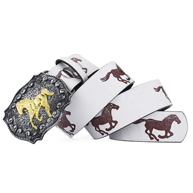 American Western Denim Vintage Carved Buckle Belt Men And Women Animal Pattern Belt Men'S Personality Ethnic Style