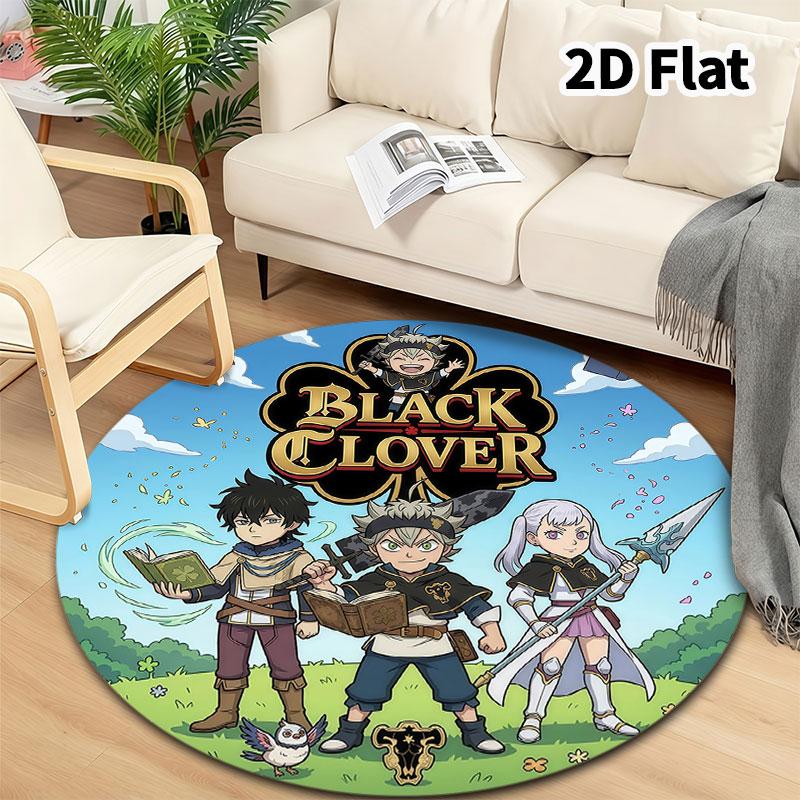 Black Clover Round Area Rug Carpet Rug For Living Room Bedroom Sofa Playroom Decor Nonslip Floor Mat