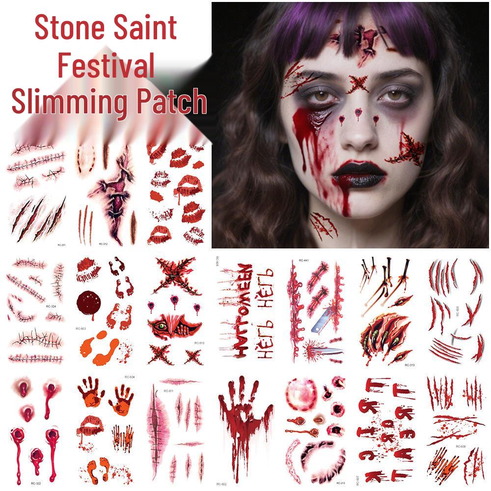 Vodotěsné Halloweenské dočasné tetovací nálepky: Realistické jizvy po krvi a noži pro hororový make-up.
