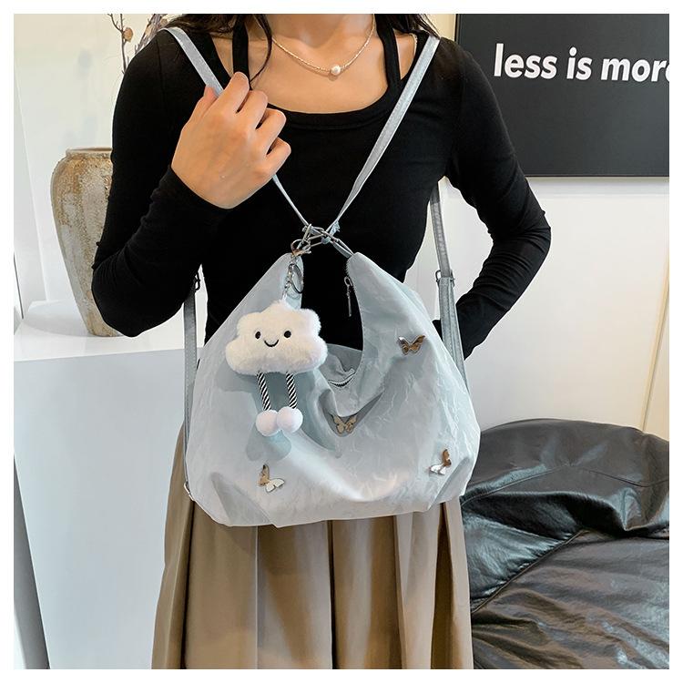 Women's Faux Leather Large Capacity Shoulder Bag, Soft Single Strap Crossbody Purse, Butterfly Decorated Commuter Tote with Zipper Closure