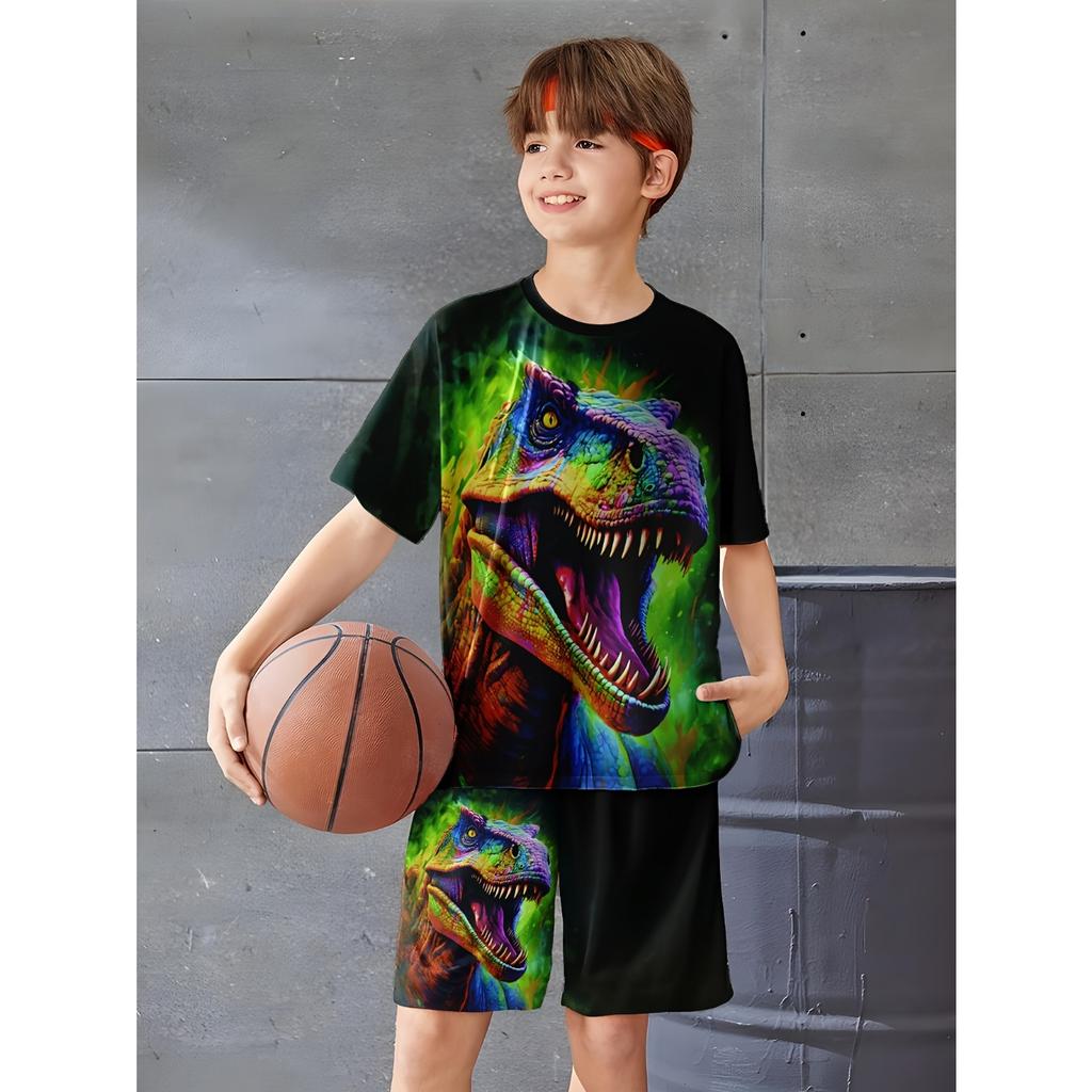 Boys' Dinosaur 3D Print Casual Outfit Set Sleeve Shorts, Vibrant Designs, Lightweight