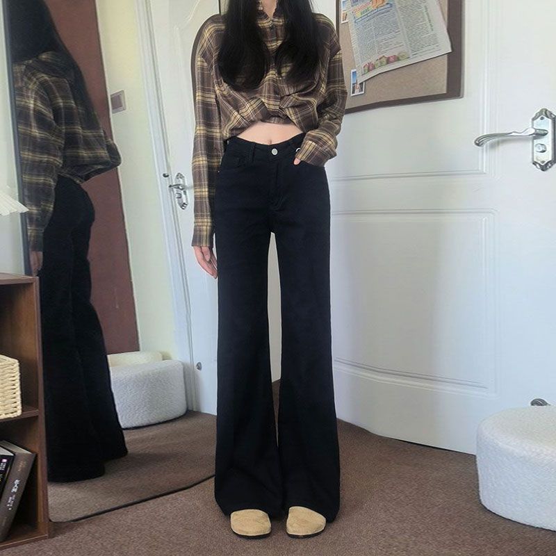 

Черные микро джинсы женские осенние не прилегают к ноге брюки-клеш свободные с высокой посадкой узкие расклешенные брюки ретро мешковатые длинные джинсы для дам 4XL