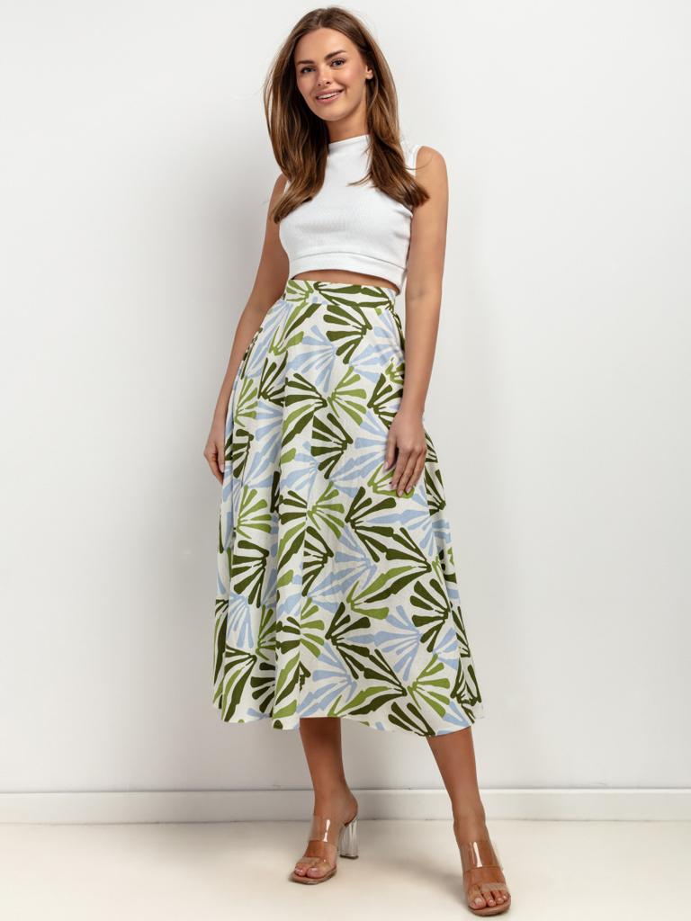 T424 Midi Skirt Green and Blue Pattern