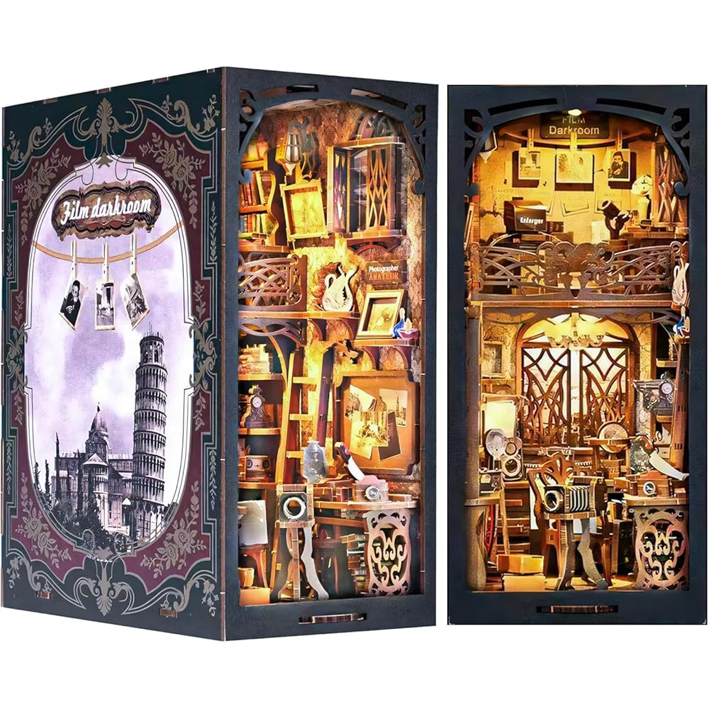 CRESYMME Dollhouse Book Nook Miniature Wooden Kit with LED Light 3D Puzzle for Adults