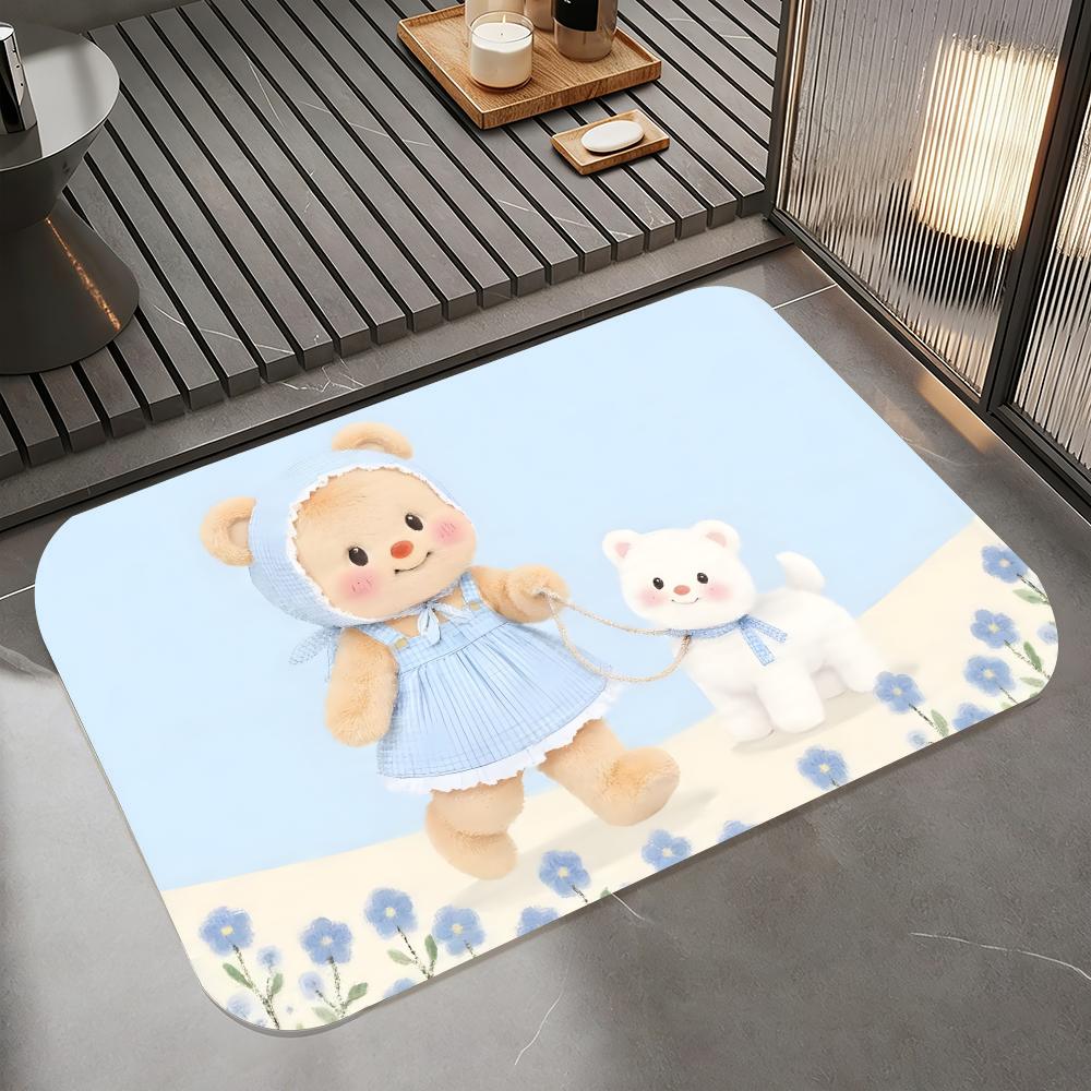 Cartoon-B-butterbear Floor Mat Diatomite Bath Mat, Quick Dry Absorbent Non-Slip Door Mat