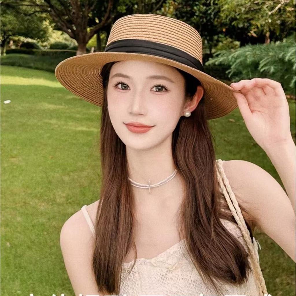 Flat-top straw hat women's straw top hat, new summer big-brimmed sun hat, seaside vacation sun hat