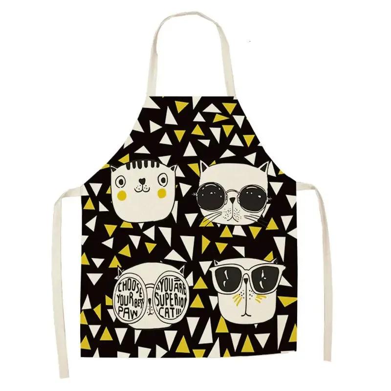 Lovely Cartoon Cats Kitchen Aprons for Women Cotton Linen Bibs Household Cleaning Pinafore Home Cooking 55x68cm