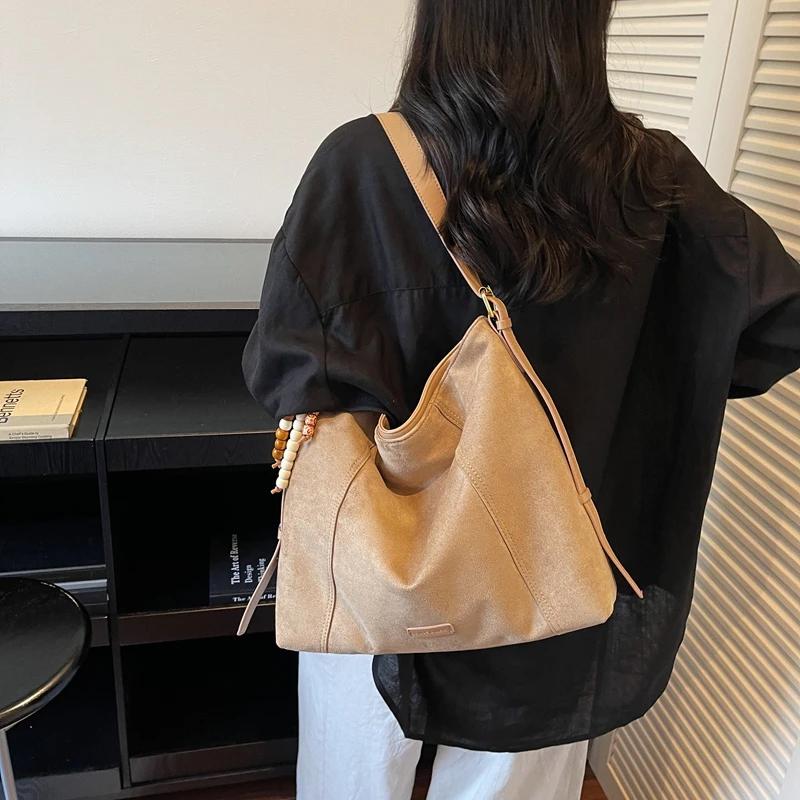 Solid Color Faux Suede Sewing Tote Bag Retro Sweet Commuting Shoulder Bags 2026 Fashi Large Capacity Versatile Bags for Women