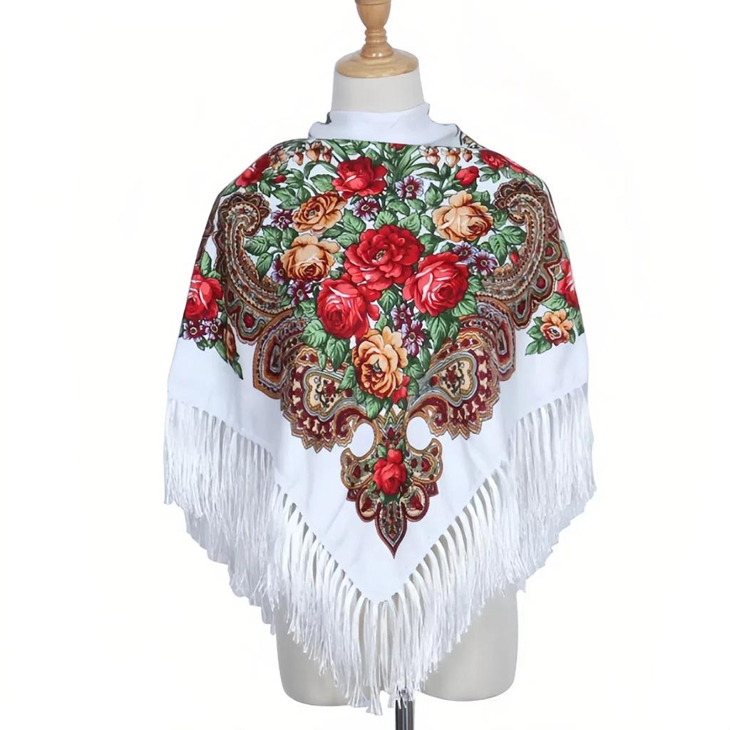 Retro Printed Headscarf Hijabs For Woman Fringed Square Flower Shawl Wrapped Babushka Handkerchief Head Wraps Travel Shawl