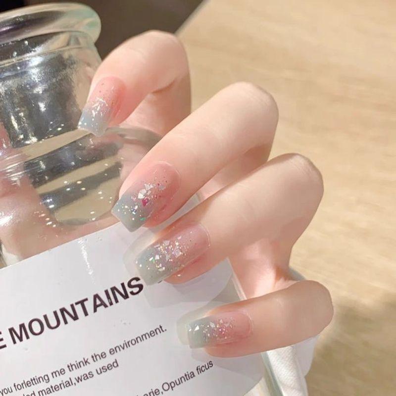 

Flowing Color Gradient Ice Mist Lanbeike Wear Nail Pure Hand-Made White Hand-Made Summer Ice Transparent Finished Product Nail Stickers Medium and long square xs code haze blue shell