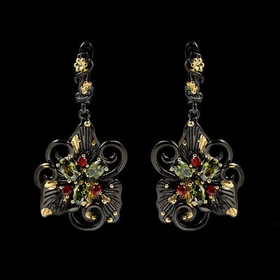 Cercei Elegante și Stilate cu Orhidee în Aur Negru și Zircon Verde
