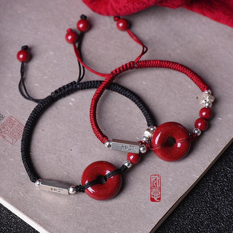 Cinnabar Peace Buckle Red Rope Bracelet for Men and Women, Zodiac Silver Braided Cinnabar Bracelet, Couple's Bracelet with Beads