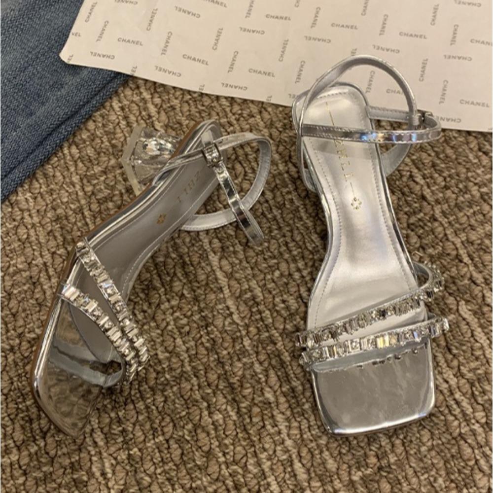 High Heels Sandals Womens Rhinestone Straight Strap Transparent Sandals Women Crystal Heels Chubby Feet Plus Size Women's Shoes