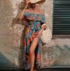 Women's Summer Maxi Dress One Shoulder Collar Sleeveless Printed Long Dress Loose High Waist Belt Slit Ankle-Length Dresses