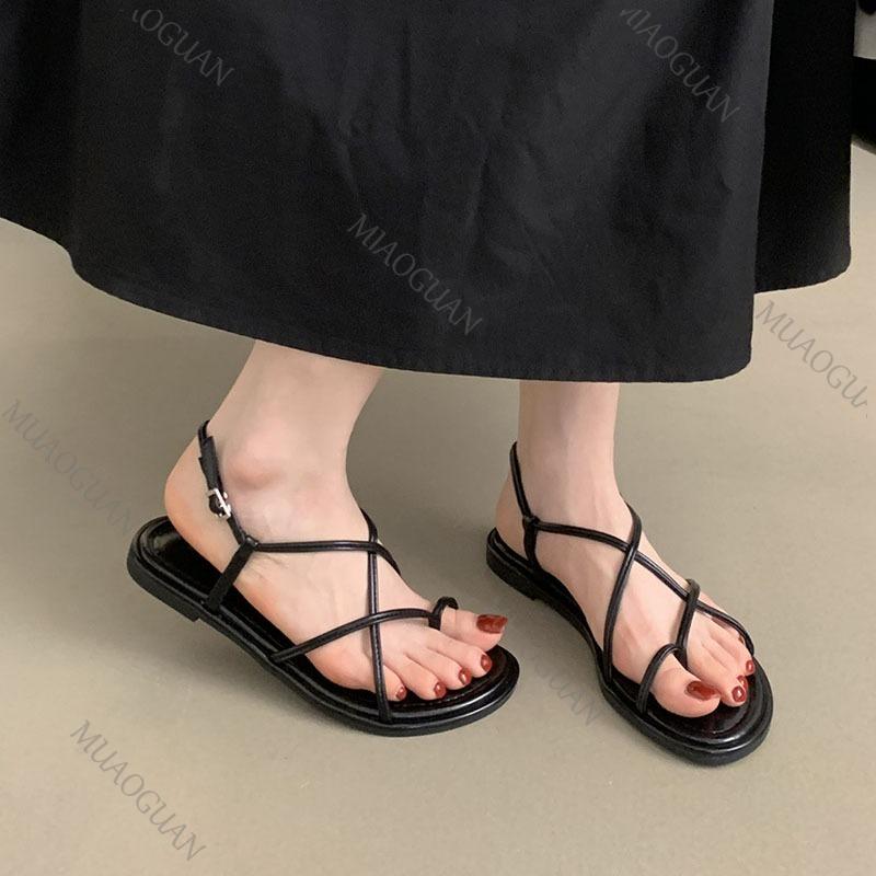 Fashion Women's Summer New Flat Bottom Sandals Casual Clip Toe Strappy Soft Sole Roman Shoes Solid Color Cross Strap Beach Sandales