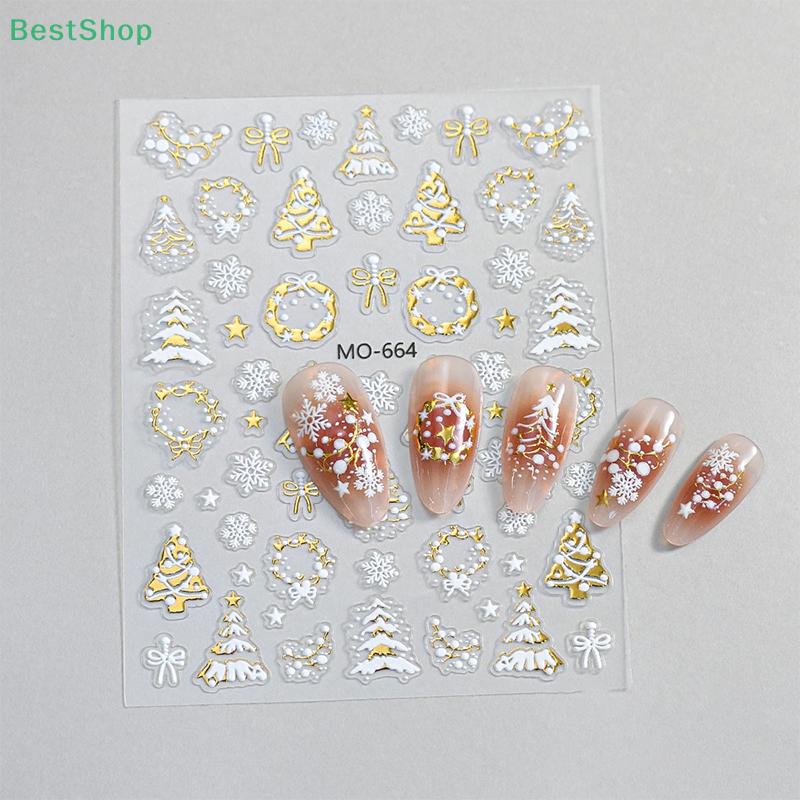 Christmas Tree Bronzing Nail Stickers,3D Relief White Snowflake Round Wreath DIY Wearable Nail Decorations
