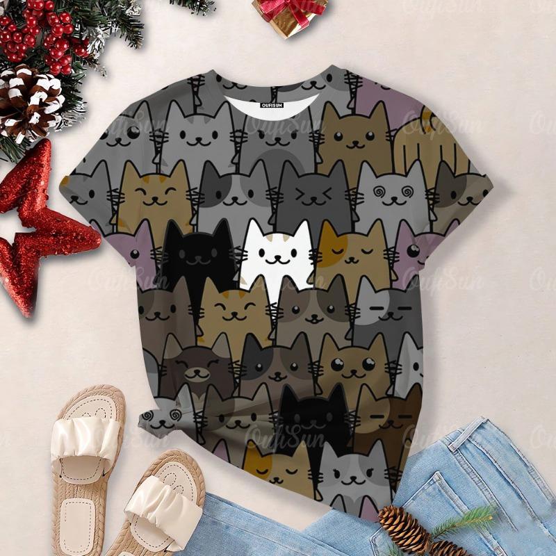 

Летние элегантные женские футболки с короткими рукавами и принтом мультяшного кота для поездок на работу XXXL