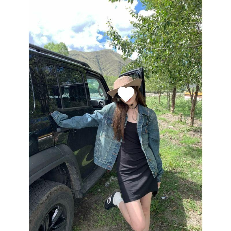 Women s Retro Blue Distressed Denim Jacket, Post-apocalyptic Style, Loose Fit, Casual Long Sleeve Jacket for Spring/Autumn 2025. Small