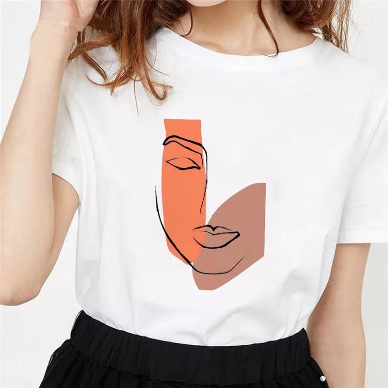 

Минималистичная футболка с абстрактным принтом лица, белая футболка с коротким рукавом, графический топ, женская одежда, женская футболка в тренде 90-х, новинка 4XL