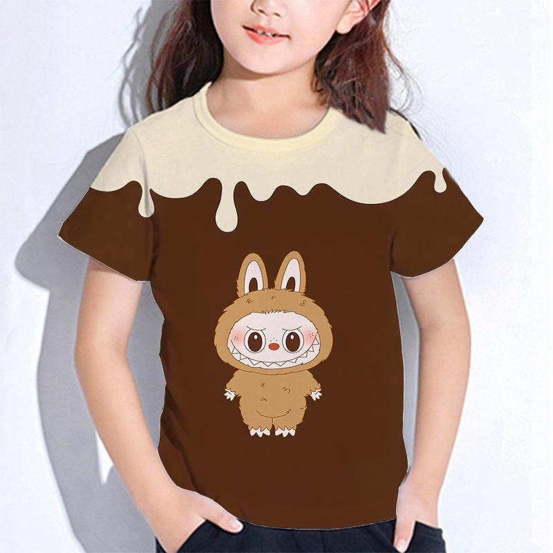 

Літні дитячі футболки Labubu з мультфільмом Монстри для хлопчиків і дівчаток, короткі рукави, дитячі футболки, одяг для малюків, верхній одяг для малюків 160 золотий