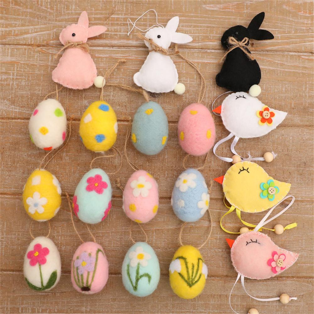 Wool Felt Foam Easter Eggs Happy Easter Hanging Ornaments Decorations Painted Flower Dot Eggs Pendant DIY Craft Gift Home Decor