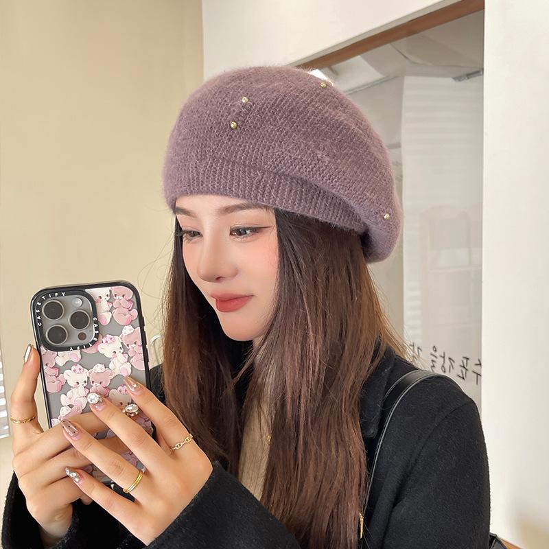 Winter Warm Cap Thermal Hat Women Beret Elastic Knit Solid Color Soft Thick Windproof Decorative