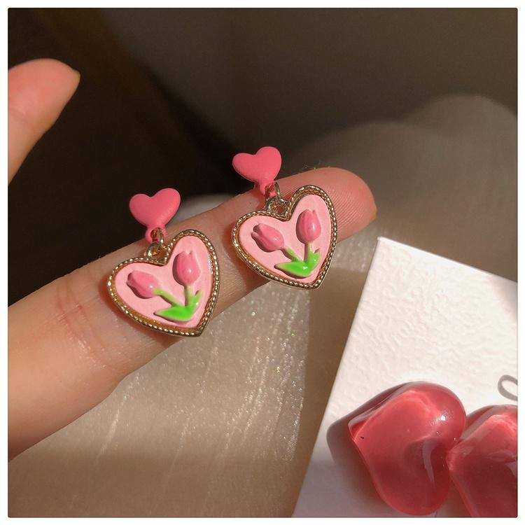IF ME Retro Vintage Pink Heart Flower Earring for Women Korean Stud Earrings Accessories Jewelry Gifts