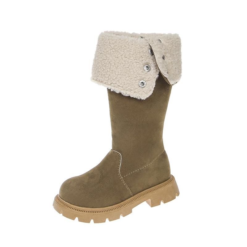 

Children High Boots Suede Warm Kids Leather Boots Soft Bottom Winter Girls Mid-calf Boots Round Toes Versatile 26 хаки