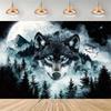 Wolf-themed Birthday Party Decorations, Backdrop with Northern Lights, Moon and Howling Wolf, Artistic Background3476