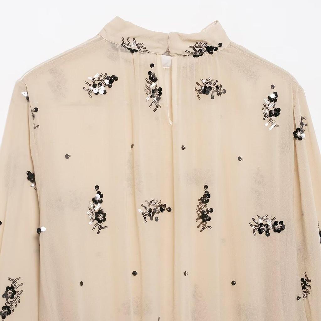2025 Winter European & American Fashion: Versatile Semi-Transparent Sequin Long-Sleeve Shirt