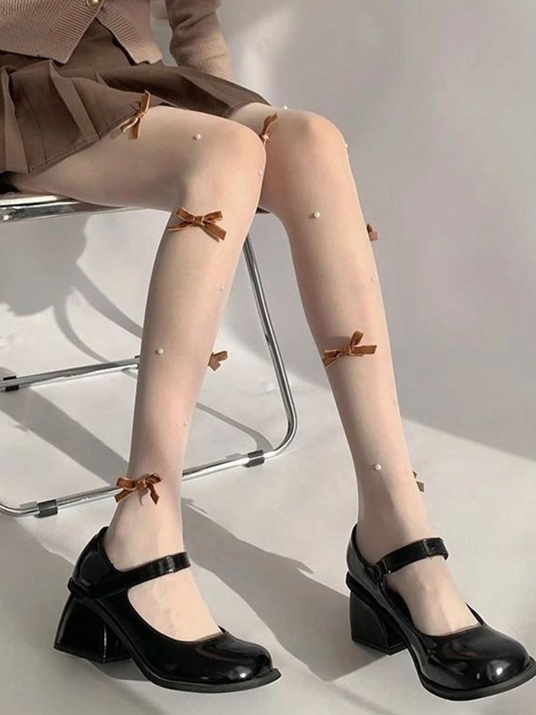 Schleife weiße Strümpfe für Damen Sommer dünn Anti-Haken Seide Lolita reine Begierde Perlschwarz Strümpfe