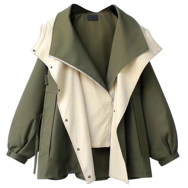 Armee-Grüner Mittellanger Trenchcoat mit Gürtel für Damen - Frühjahrs-/Herbst-Pendler-Oberbekleidung mit Colorblocking