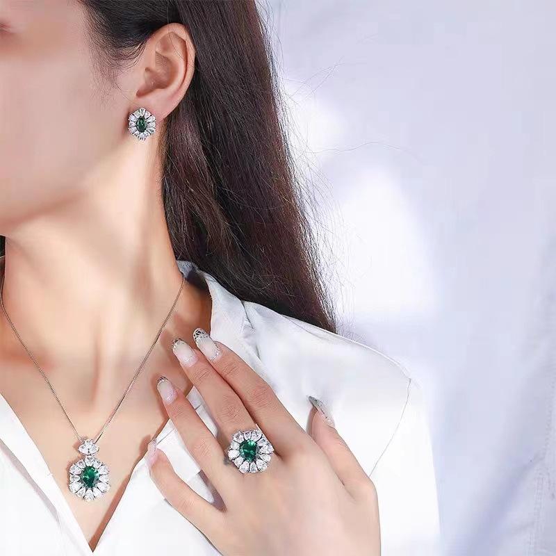 Classicl Emerald Diamond Promise  Sterling Silver  Set Wedding Earrings Rings Necklace for Women Bridal  Gift