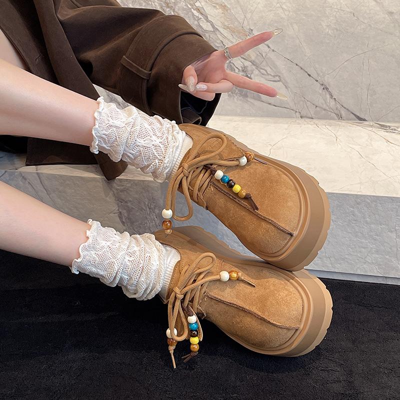 Fashion High Heeled Booties Autumn New Round Toe Printed Side Zipper Non-Slip Wear-Resistant Block Heels