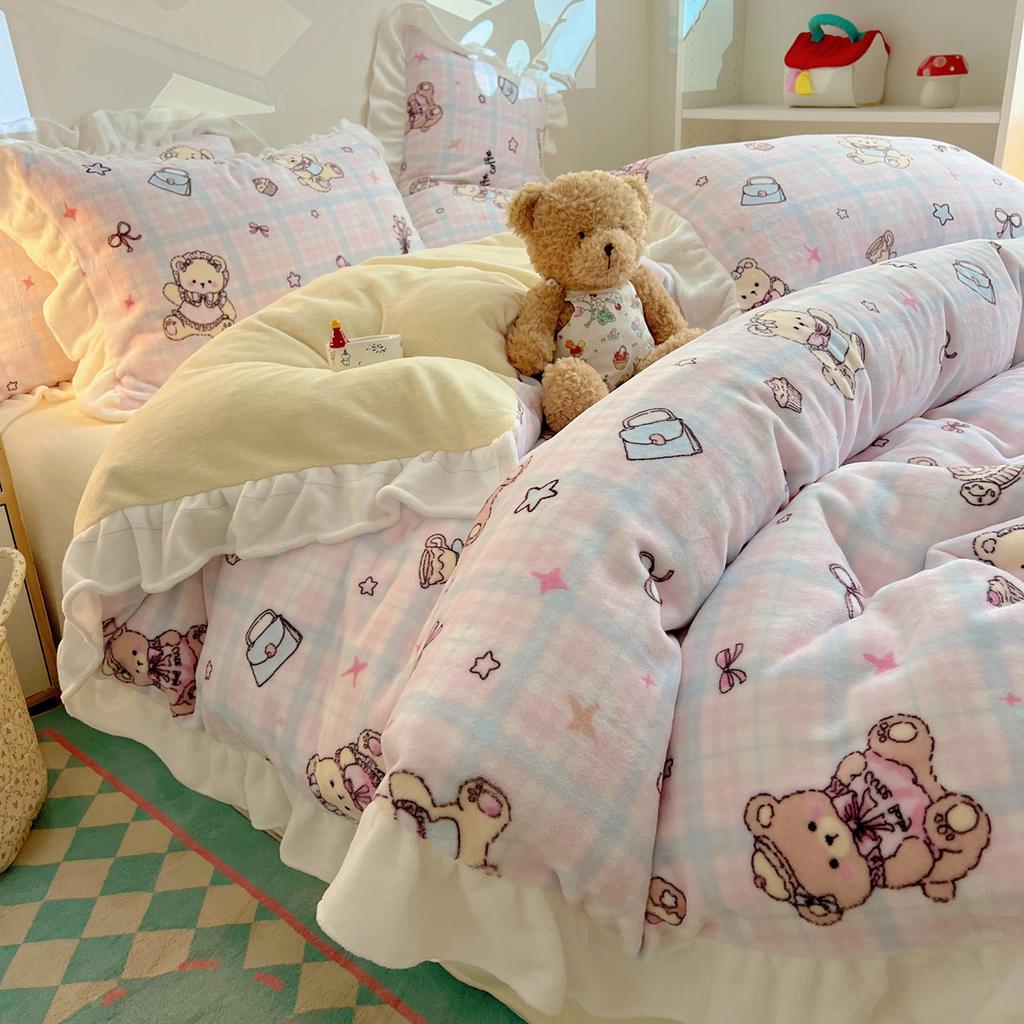 Thickened Milk Fleece Bed Four-Piece Set, Cute Lace Coral Fleece Quilt Cover, Fleece Bed Sheet Three-Piece Set