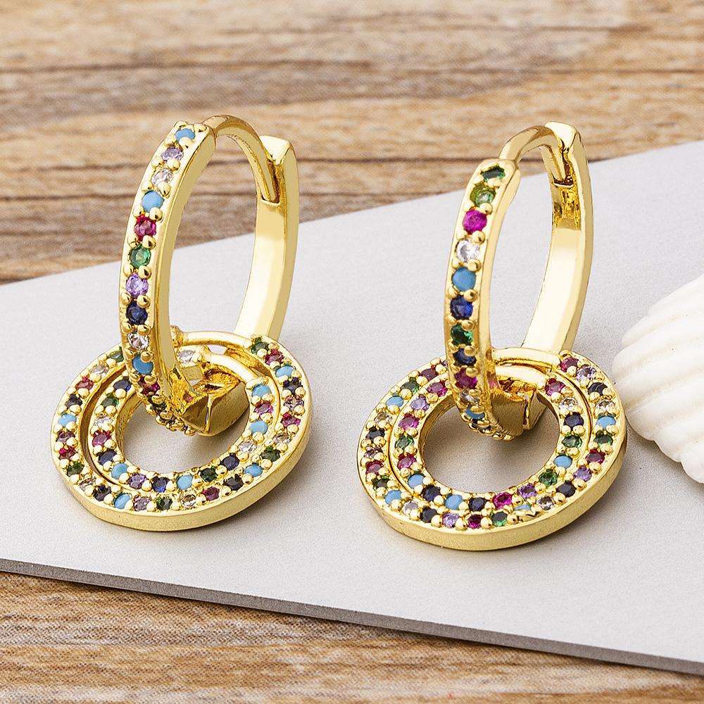 Nidin New Charm Colorful Color Double Layer Star Earrings Copper Cubic Zircon Hoop Earrings For Women Best Party Wedding Gift