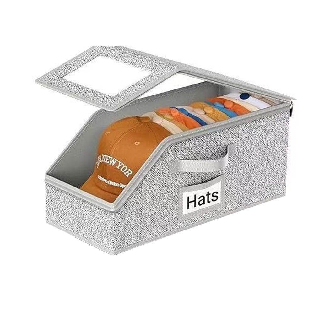 

Gray Non-woven Baseball Cap Storage Box with Visible Window And Zipper - Foldable Dustproof Wardrobe Hat Organizer