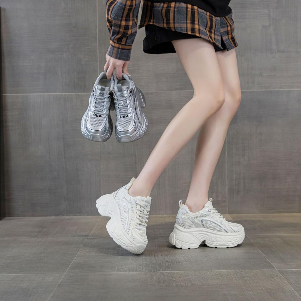Leather dad shoes women's summer new versatile silver thick-soled inner height-increasing mesh breathable sports and leisure shoes
