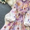 Spring/Summer Romantic Floral Print Stand-Up Collar Bell-Sleeve Slimming Party Dress for Women Elegant Single-breasted Maxi Dress with Belt
