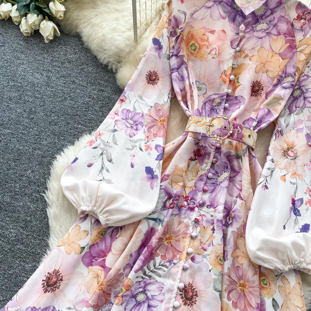 Spring/Summer Romantic Floral Print Stand-Up Collar Bell-Sleeve Slimming Party Dress for Women Elegant Single-breasted Maxi Dress with Belt