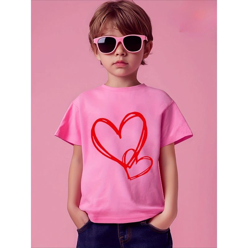 European Sizes Valentine's Day Heart Print  Fun Pattern Girls' T-Shirt, Cute Cartoon Short Sleeve Top for Kids, Toddlers